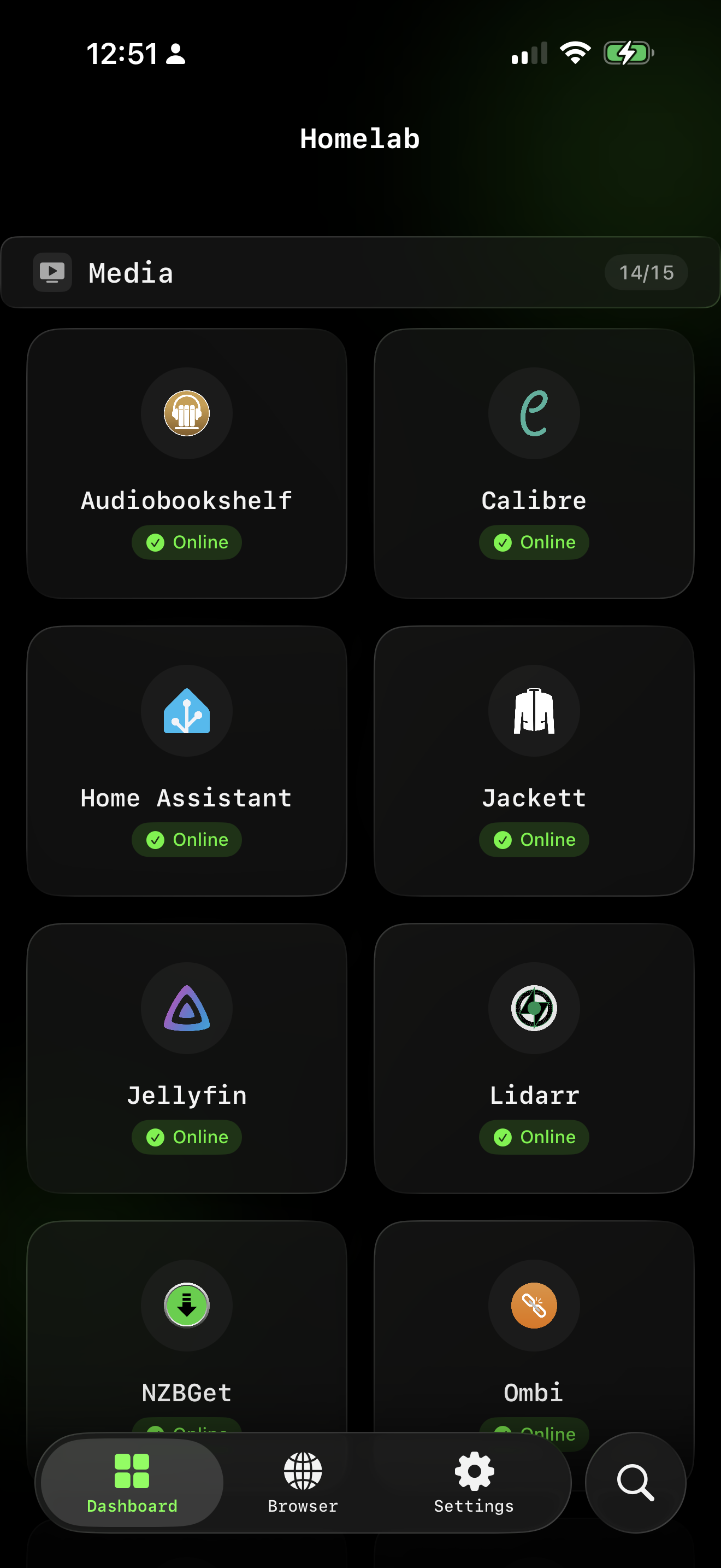 Labby Dashboard showing homelab services
